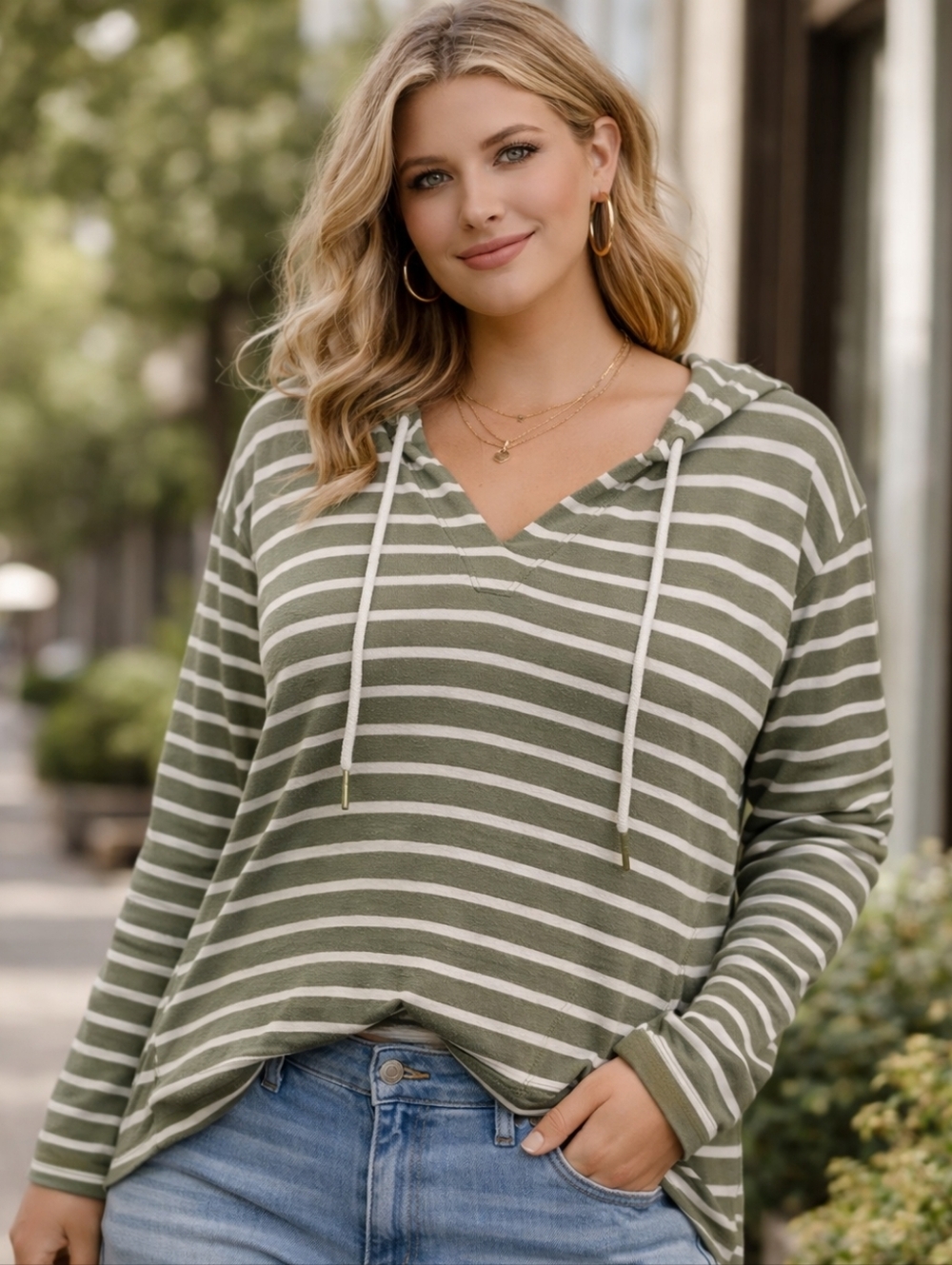 Buffalo David Bitton Hooded Striped Top Medium Olive Green White V-Neck Long Sle